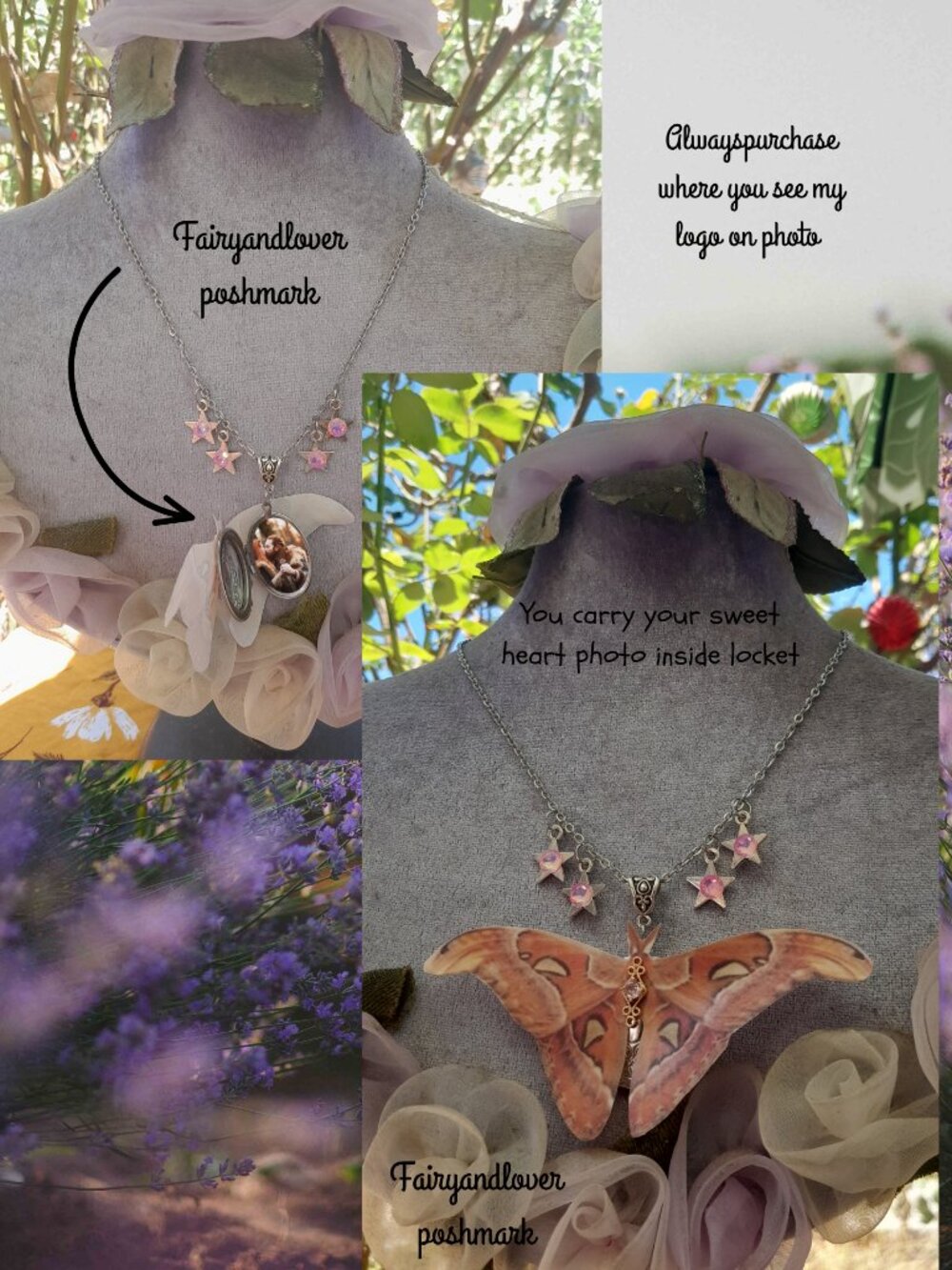 Fairy Atlas moth butterfly silk organza keepsake locket photo frame necklace